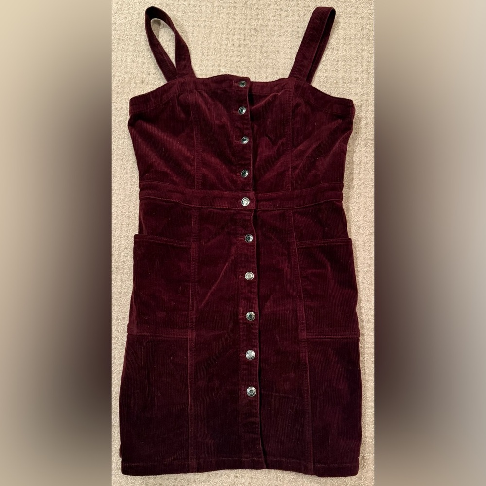 OAT New York Corduroy Dress sz 12 Burgundy Button Front Sleeveless Mini Jumper